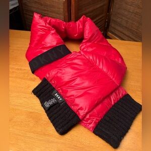 DKNY Red Puffer Scarf with Black Trim